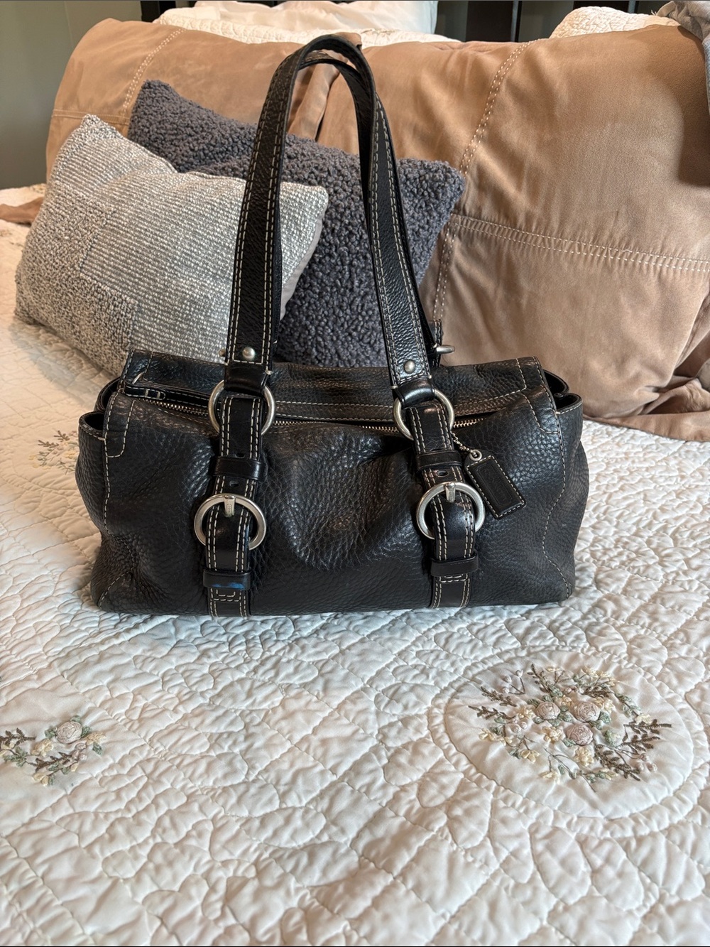 Coach Black Pebbled Leather Shoulder Satchel Silver Hardware Hamptons Clean